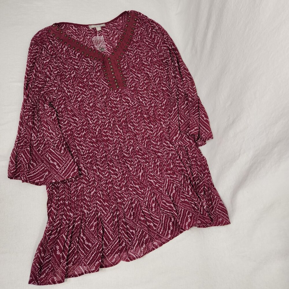 WOMAN WITHIN Flowy Crinkle Pink/White Studs Bell Sleeve Tunic Blouse Top Size 2X - Picture 6 of 16
